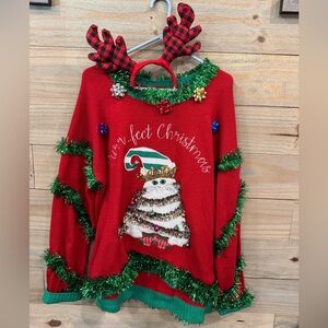 Festive Red Christmas Sweater with Cat Design
